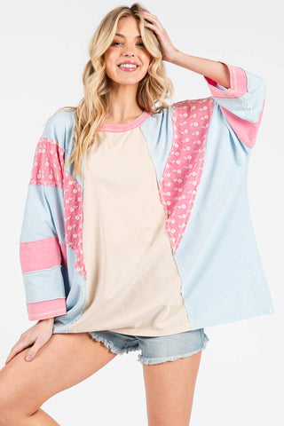 Mineral Washed Floral Patch Oversized Top
