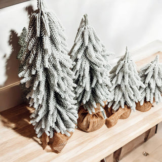 Snow Topped Christmas Trees With Wood & Jute Base