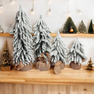 Snow Topped Christmas Trees With Wood & Jute Base