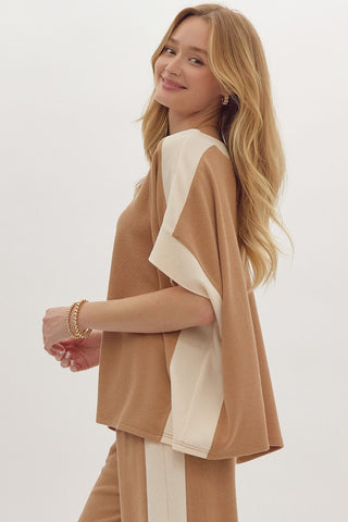 Solid Ribbed Contrast Trim Boatneck Top in Camel