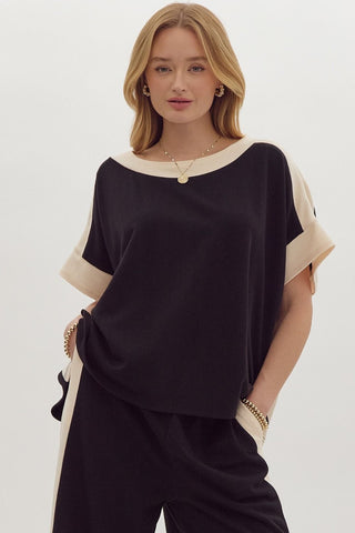 Solid Ribbed Contrast Trim Boatneck Top in Black