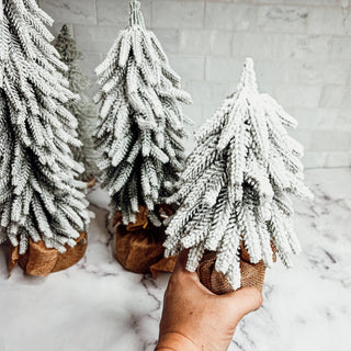 Snow Topped Christmas Trees With Wood & Jute Base