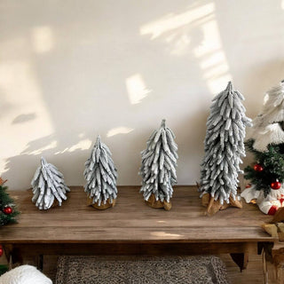 Snow Topped Christmas Trees With Wood & Jute Base