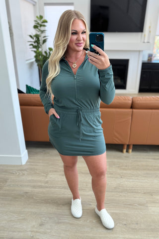 Getting Out Long Sleeve Hoodie Romper in Smoked Spruce