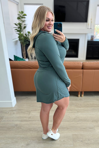 Getting Out Long Sleeve Hoodie Romper in Smoked Spruce