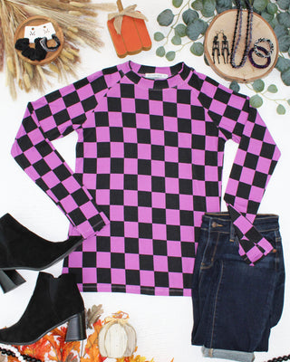 Blair Long Sleeve Top - Black and Purple Checkers