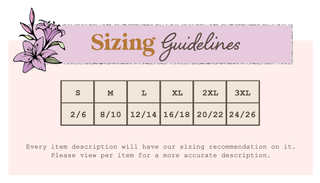 Sizing Guidelines, S 2-6, M 8-10, L 12-14, XL 16-18, 2XL 20-22, 3XL 24-26