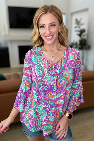 Willow Bell Sleeve Top in Lavender Mint Paisley
