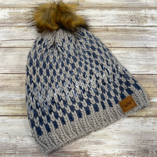 Grey and Navy Patterned Fleece Lined Knit Hat with Pom Accent