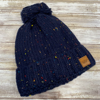 Navy Speckled Fleece Lined Knit Hat with Pom Accent