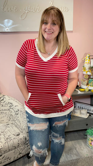 Red and Ivory Stripe Kangaroo Pocket Tee