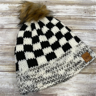 Black and White Fleece Lined Knit Hat with Pom Accent