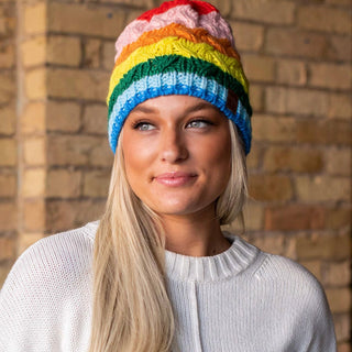 Rainbow Stripe Cable Knit Fleece Lined Beanie