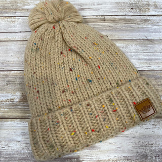 Cream Speckled Fleece Lined Knit Hat with Pom Accent