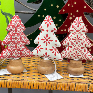 Red & White Patterned Wood Tree Figurines