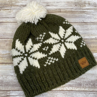 Olive Snowflake Fleece Lined Knit Hat with Pom Accent