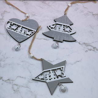 Silver Wood Ornaments with Bells