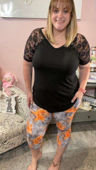 Orange and Gray Flower Capri Legging with Pockets