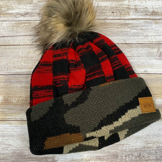 Fleece Lined Camo and Red Plaid Hat with Pom