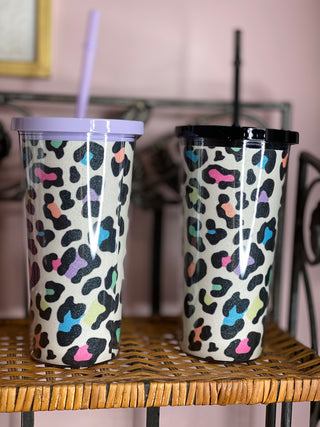 Rainbow Leopard Glitter Tumbler with Black Lid