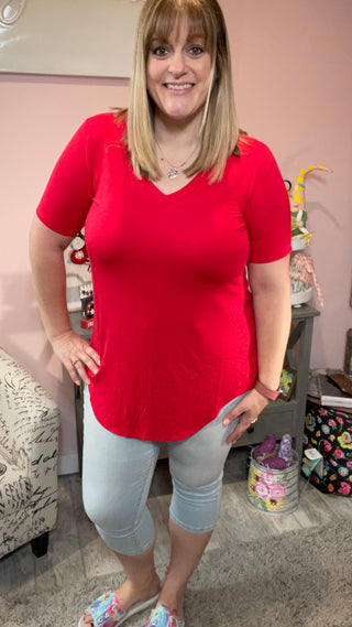 Short Sleeve V-Neck Hi-Low Hem Top