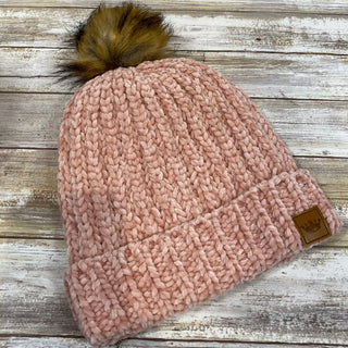 Blush Chenille Fleece Lined Knit Hat with Pom Accent