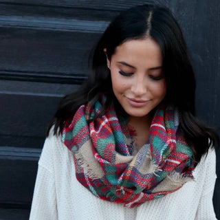 Tan with Red, Green, Yellow and White Plaid Infinity Scarf