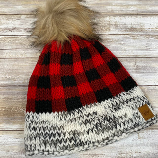 Red Buffalo Plaid Knit Hat with Pom Accent