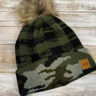 Fleece Lined Leopard and Green Plaid Hat with Pom