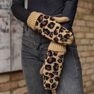 Leopard Print Knit Fleece Lined Mitten