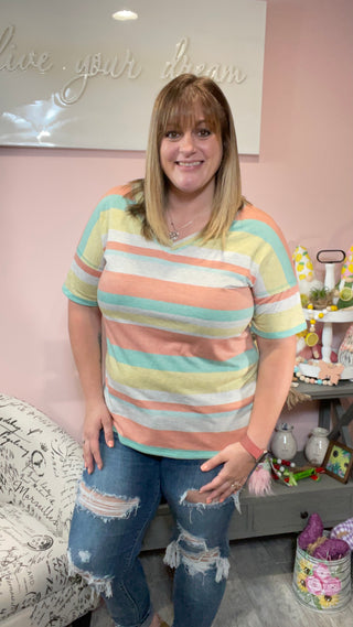 Peach and Mint V-Neck Spliced Back Tee