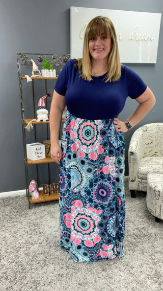 Navy and Neon Medallion Maxi Dress