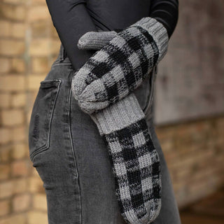 Grey and Black Buffalo Plaid Fleece Lined Knit Mittens