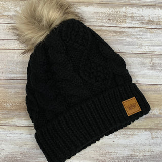 Black Fleece Lined Cable Knit Hat with Pom Accent