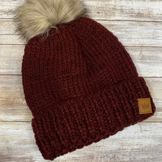 Wine Fleece Lined Beanie with Pom