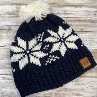 Navy Snowflake Fleece Lined Knit Hat with Pom Accent