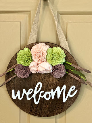 ‘Welcome’ Wood Flower Round - Brown with Purple, Blush and Sage