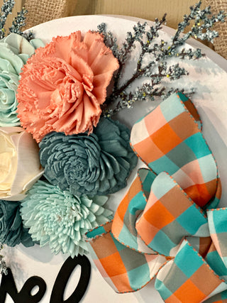 ‘Welcome’ Wood Flower Round - Peach, Mint and Cream