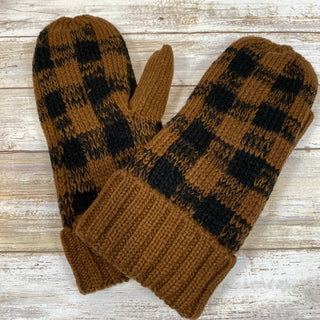 Brown and Black Plaid Fleece Lined Mittens