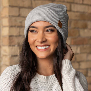 Grey Cuffed Slouchy Fleece Lined Knit Beanie