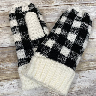 White and Black Plaid Fleece Lined Mittens