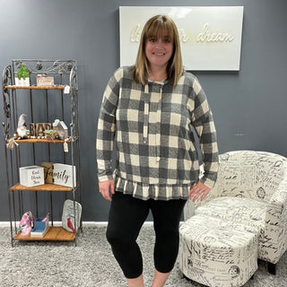 Ivory Plaid Hooded Long Sleeve Top