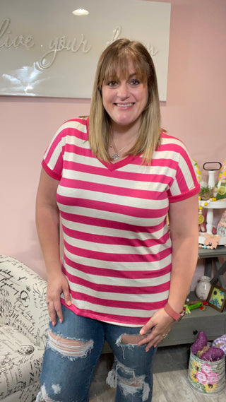 Fuchsia Striped V-Neck Tee