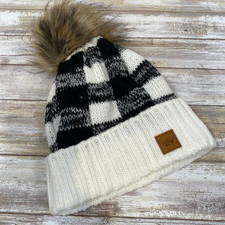 White and Black Fleece Lined Cable Knit Hat with Large Pom Accent