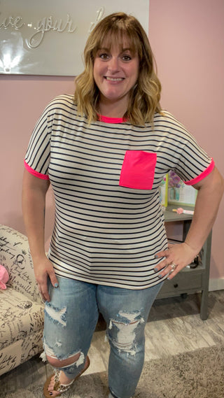 Navy Top with Neon Pink Detail