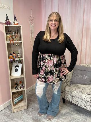 Black and Rose Floral Babydoll Top