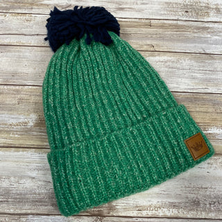 Mint Fleece Lined Knit Hat with Navy Pom Accent