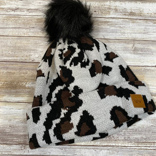 Leopard Knit Hat with Pom Accent