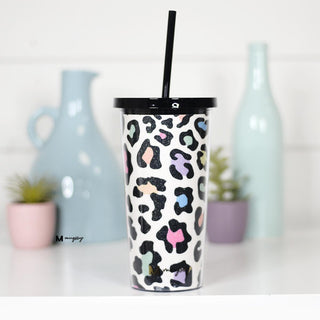 Rainbow Leopard Glitter Tumbler with Black Lid