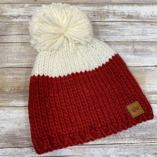 Colored Blocked Red and White Fleece Lined Cable Knit Hat with Large Pom Accent